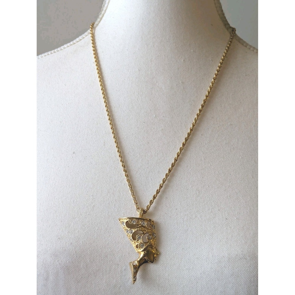 Gold Tone Queen Nefertiti Pendant Necklace With Rhinestones Egyptian Revival